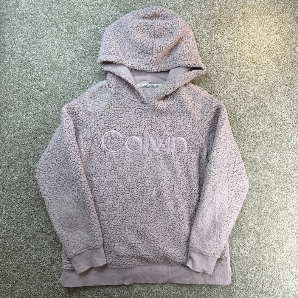 Calvin Klein Performance Hoodie Womens Medium Pink Sherpa Fleece Logo Pullover